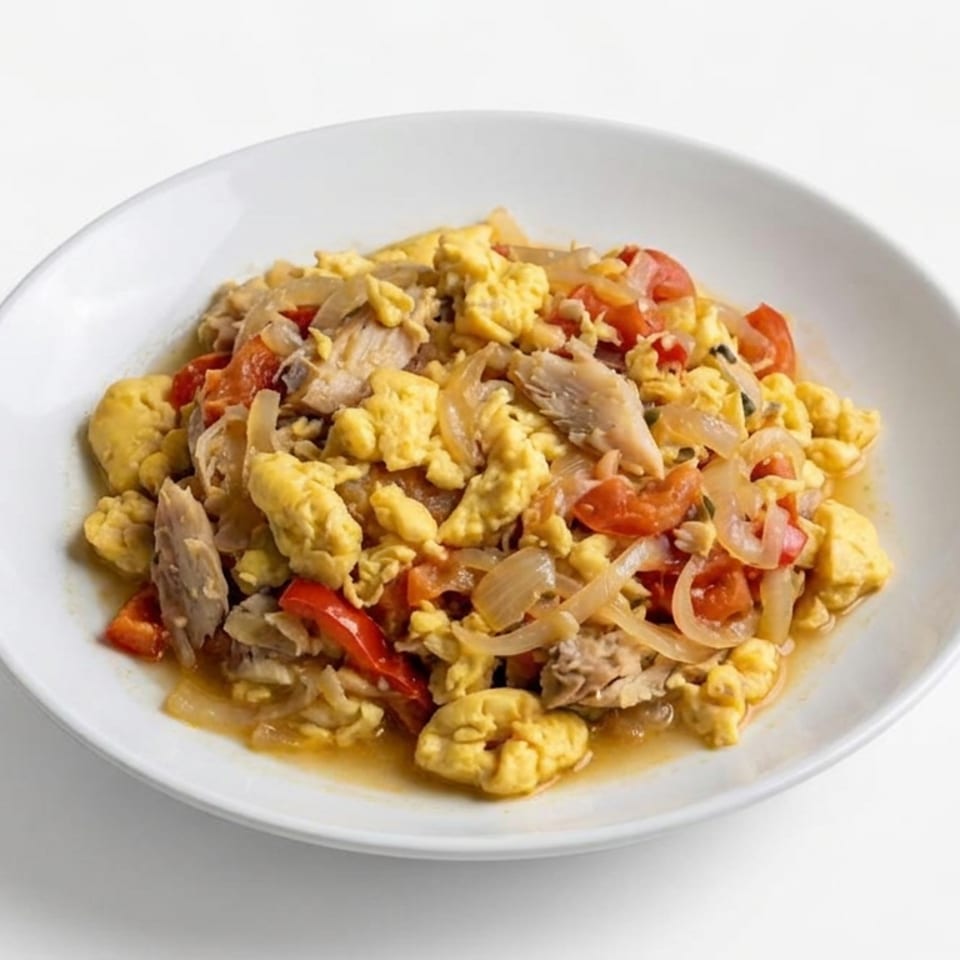 Scrambled eggs with shredded tuna, sliced tomatoes, and onions served on a white plate.