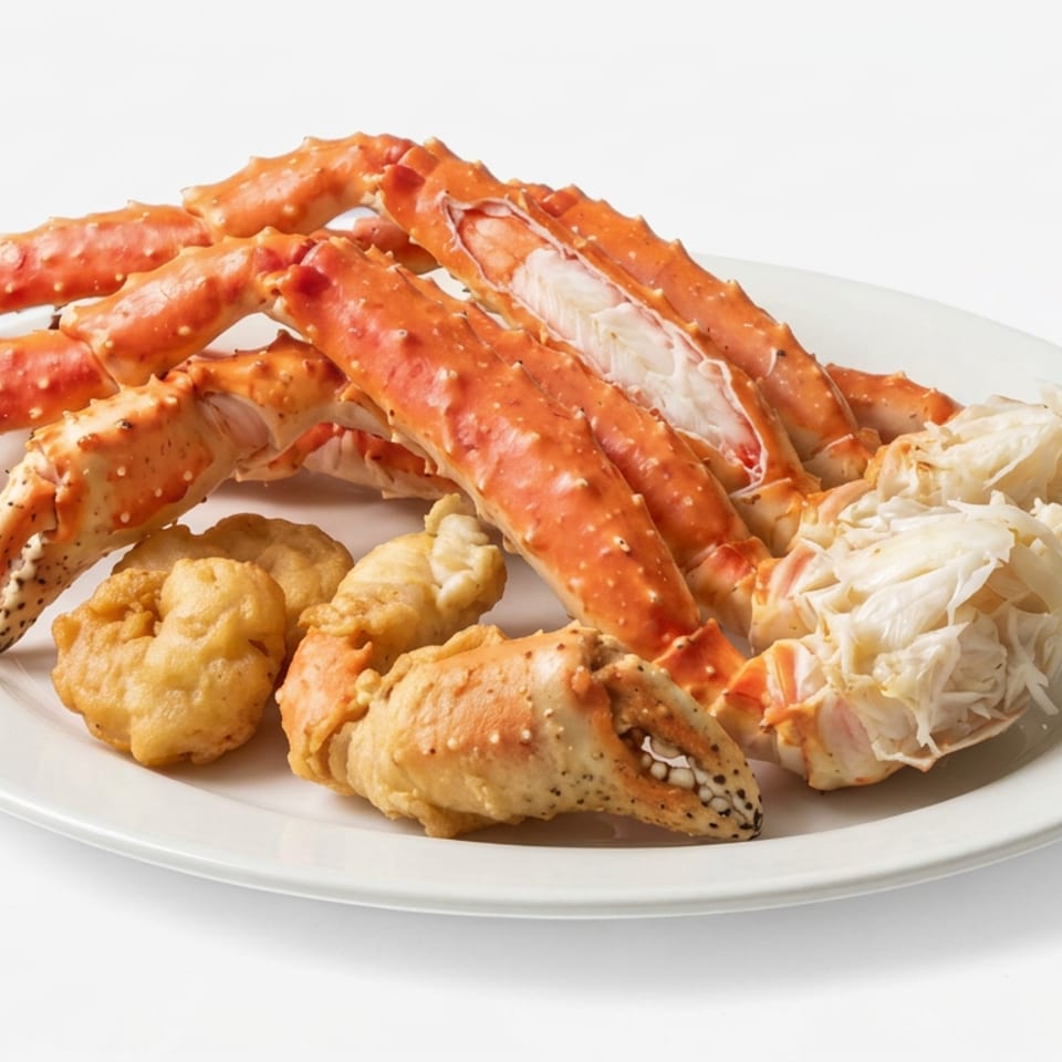Plate of steamed king crab legs and battered crab claws served with shredded crab meat.