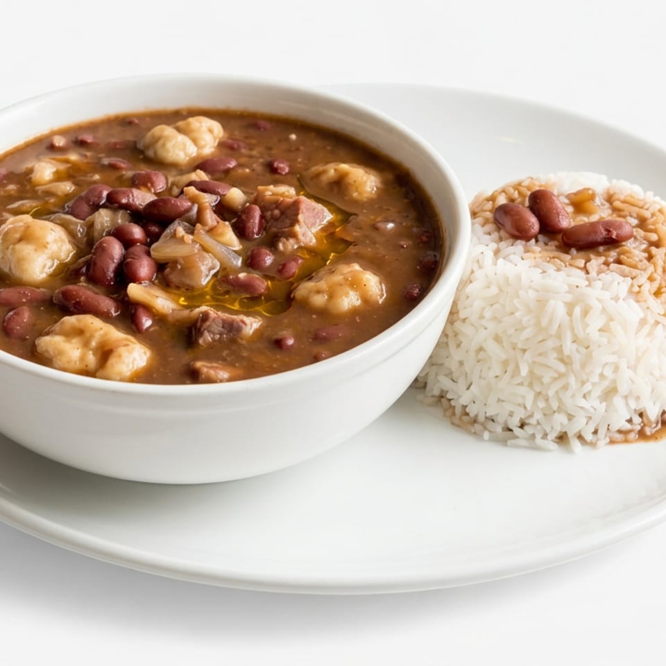 Bowl of bean and shrimp stew served beside white rice on a white plate.